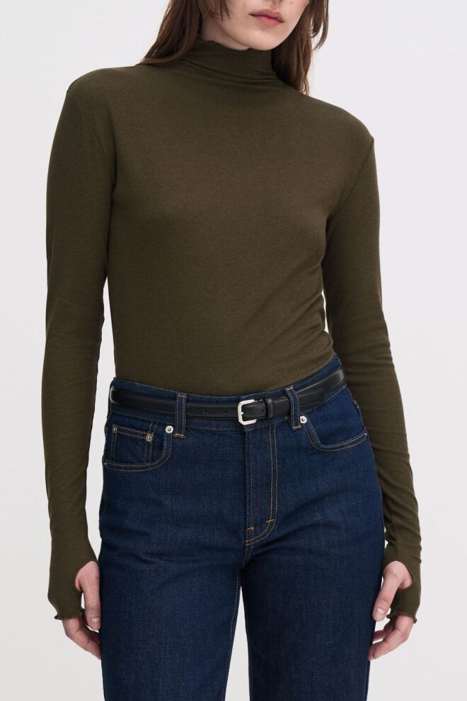 SHIRT 28976 RIB MOCK NECK TOP DARK KHAKI